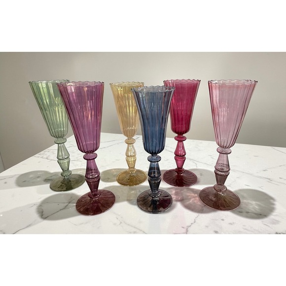 Other - 6 Handblown Venetian Murano Glass‎ Iridescent Ribbed Champagne Flutes Multicolor